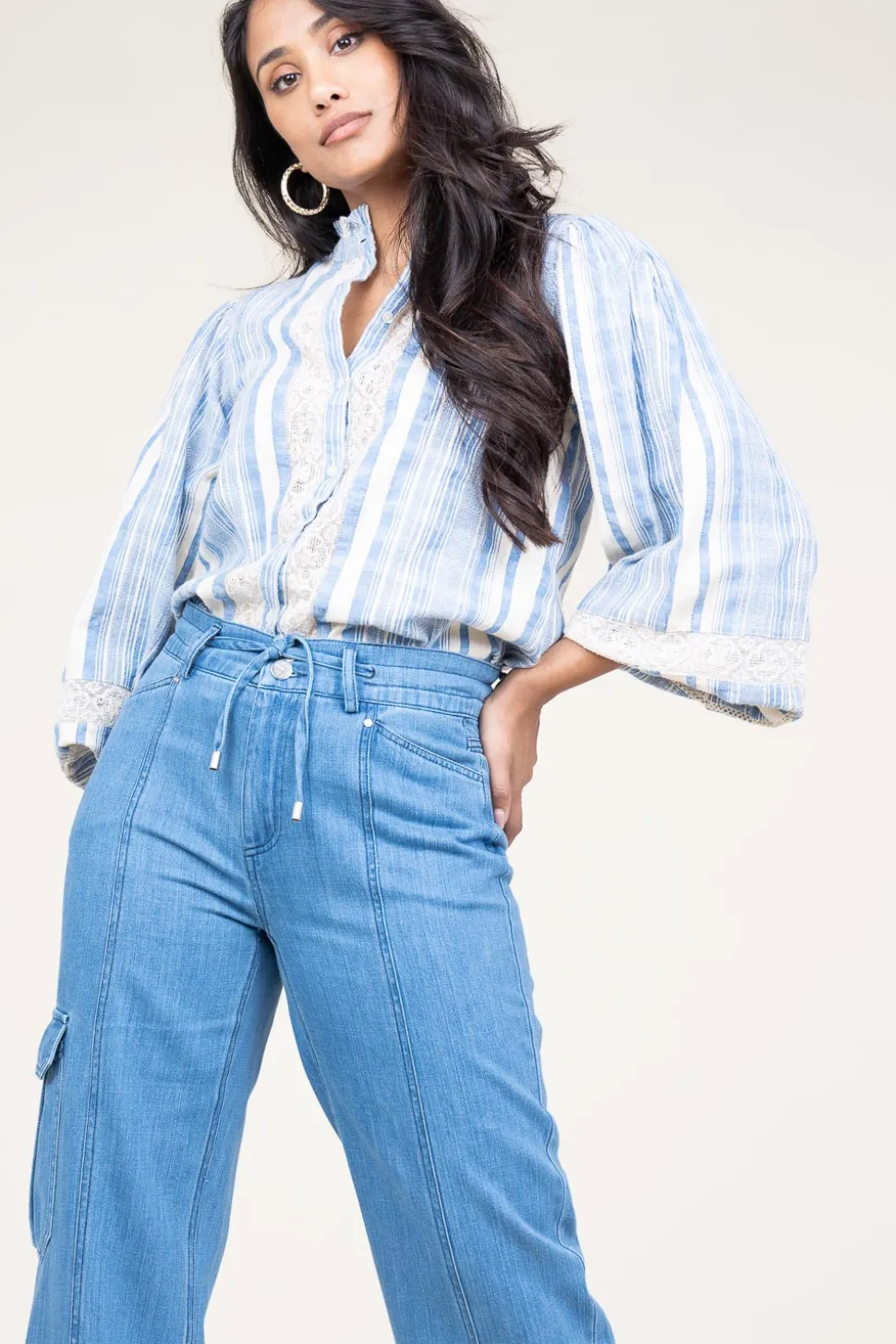 Linen Mix Blouse With Puffed Sleeves Fiorella | Blue... | Stella Forest | Little Soho