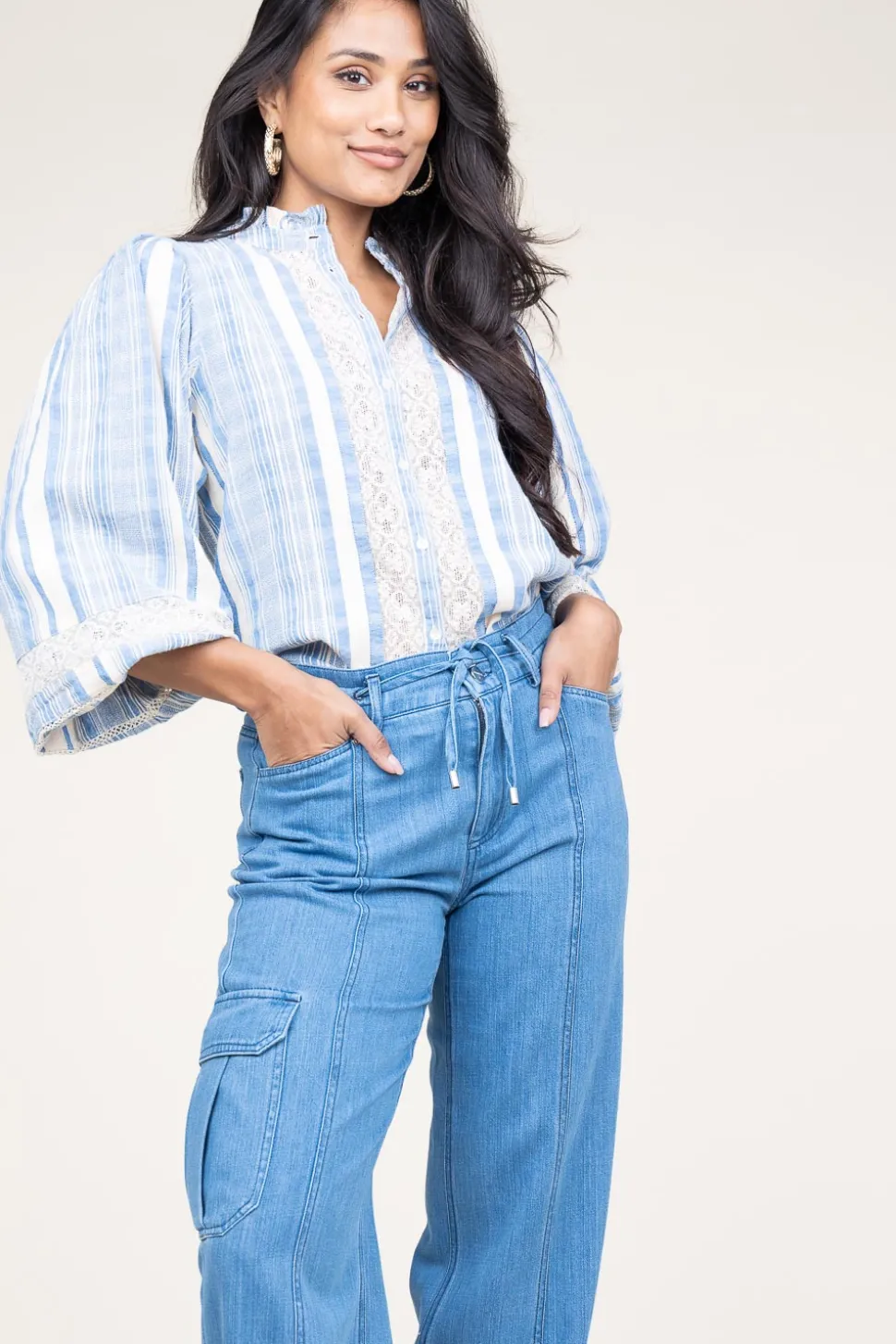 Linen Mix Blouse With Puffed Sleeves Fiorella | Blue... | Stella Forest | Little Soho