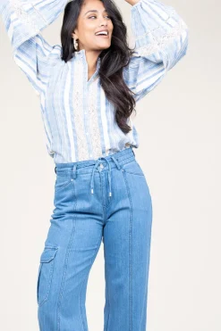 Linen Mix Blouse With Puffed Sleeves Fiorella | Blue... | Stella Forest | Little Soho