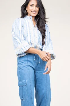 Linen Mix Blouse With Puffed Sleeves Fiorella | Blue... | Stella Forest | Little Soho