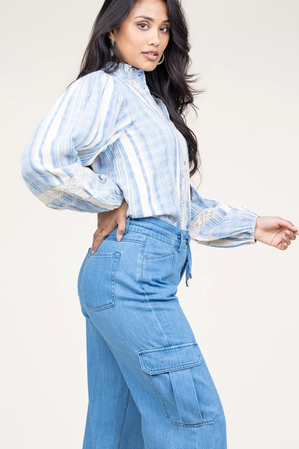Linen Mix Blouse With Puffed Sleeves Fiorella | Blue... | Stella Forest | Little Soho