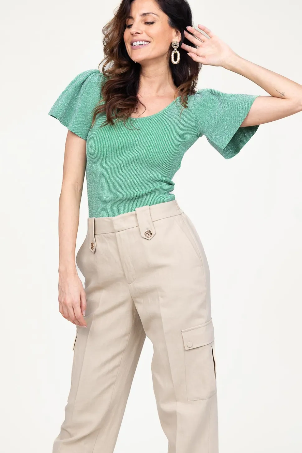 Lurex Top With Puffed Sleeves Thaira | Green... | Ibana | Little Soho