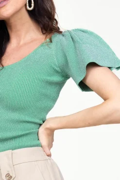 Lurex Top With Puffed Sleeves Thaira | Green... | Ibana | Little Soho