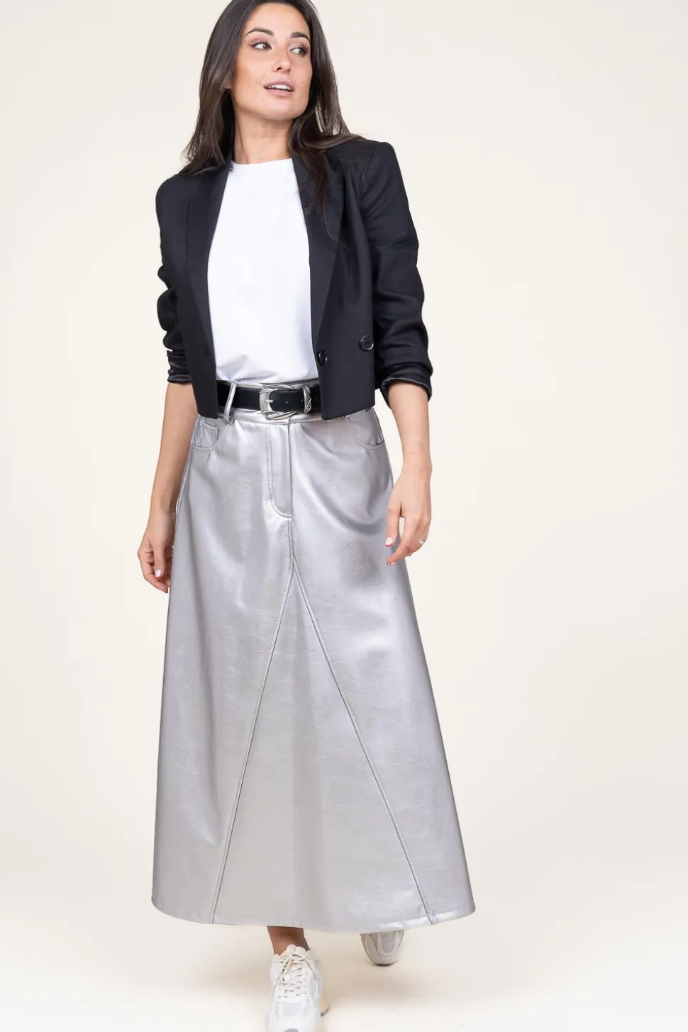 Metallic Faux Leather Skirt Gloria | Silver... | D-Etoiles Casiope | Little Soho