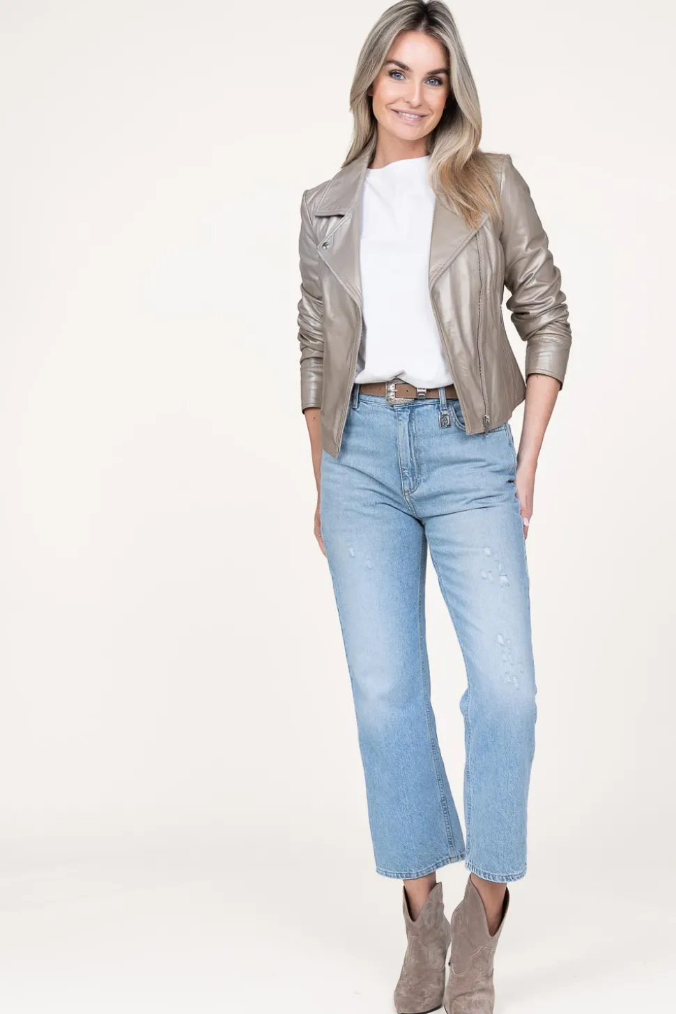 Metallic Leather Biker Jacket Lovato | Taupe... | Studio Ar | Little Soho