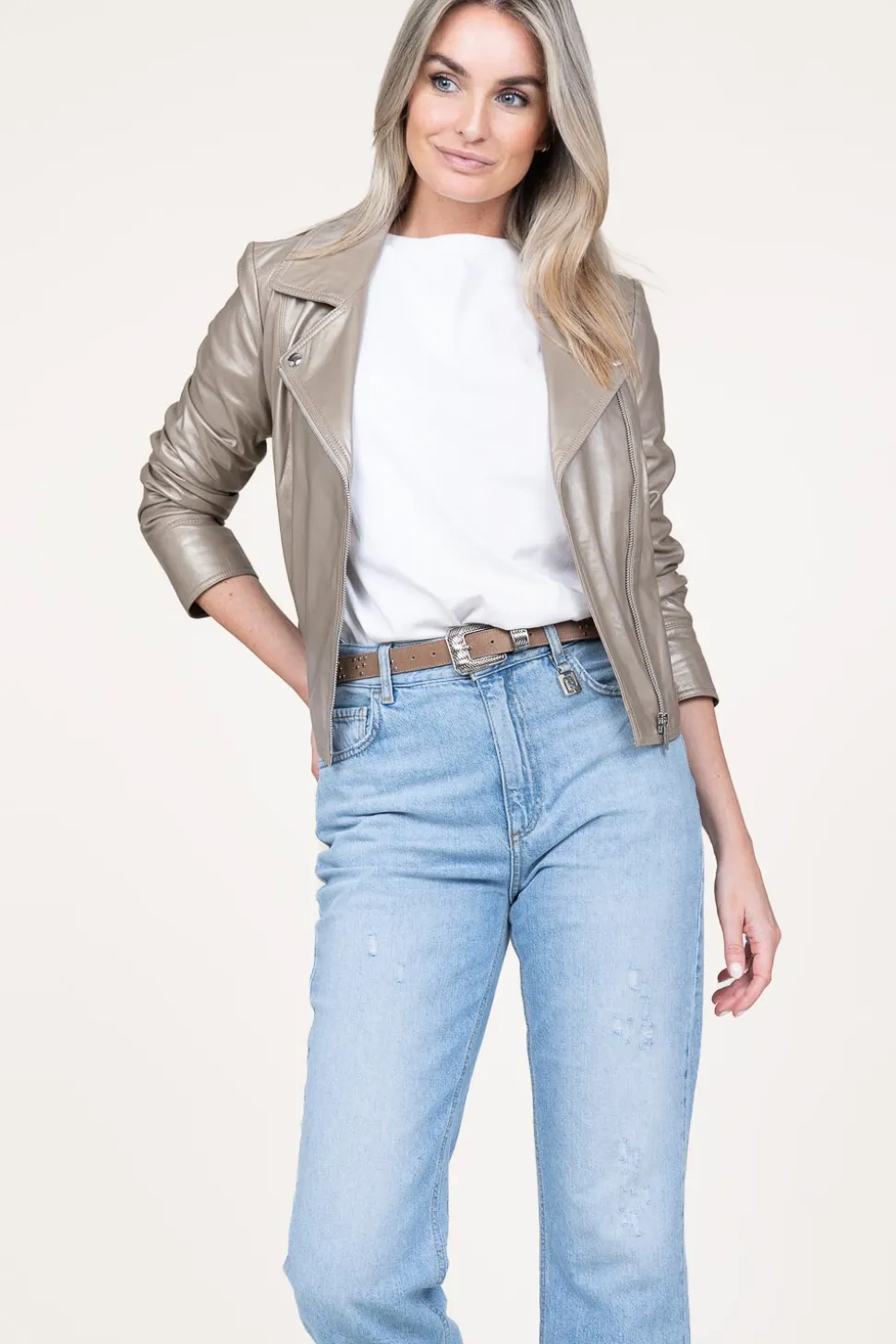 Metallic Leather Biker Jacket Lovato | Taupe... | Studio Ar | Little Soho