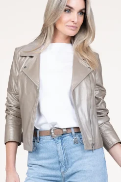 Metallic Leather Biker Jacket Lovato | Taupe... | Studio Ar | Little Soho