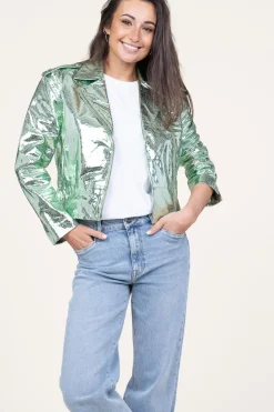 Metallic Leather Biker Jacket Kravitz | Green... | Dante 6 | Little Soho
