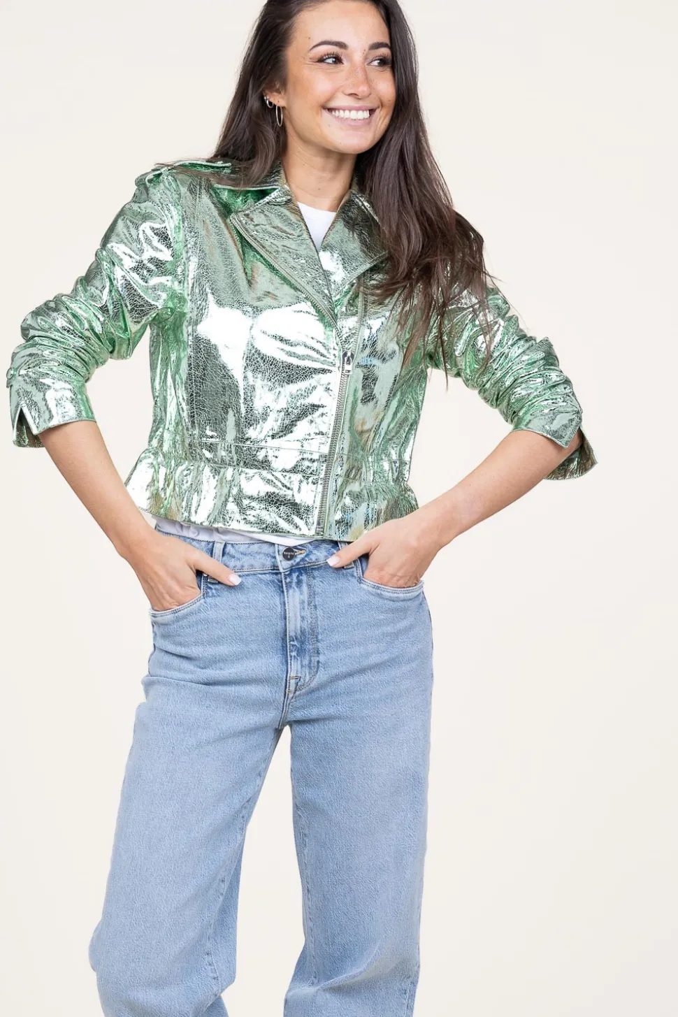 Metallic Leather Biker Jacket Kravitz | Green... | Dante 6 | Little Soho