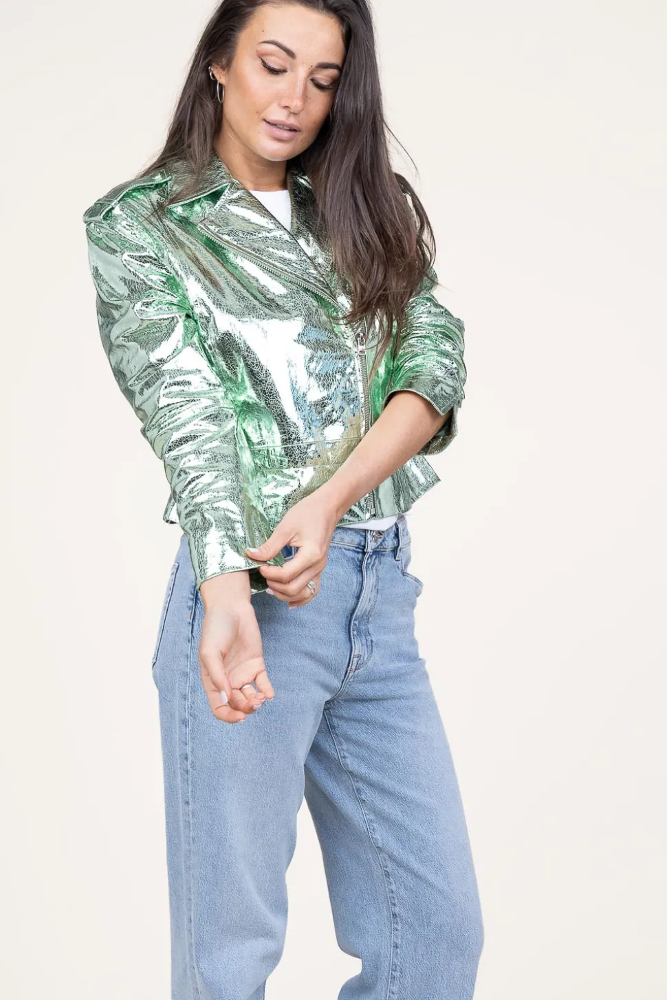 Metallic Leather Biker Jacket Kravitz | Green... | Dante 6 | Little Soho