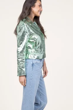 Metallic Leather Biker Jacket Kravitz | Green... | Dante 6 | Little Soho