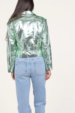 Metallic Leather Biker Jacket Kravitz | Green... | Dante 6 | Little Soho