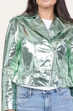 Metallic Leather Biker Jacket Kravitz | Green... | Dante 6 | Little Soho