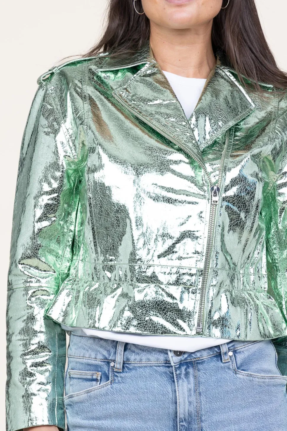 Metallic Leather Biker Jacket Kravitz | Green... | Dante 6 | Little Soho