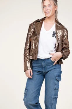 Metallic Leather Biker Jacket Kravitz | Brown... | Dante 6 | Little Soho