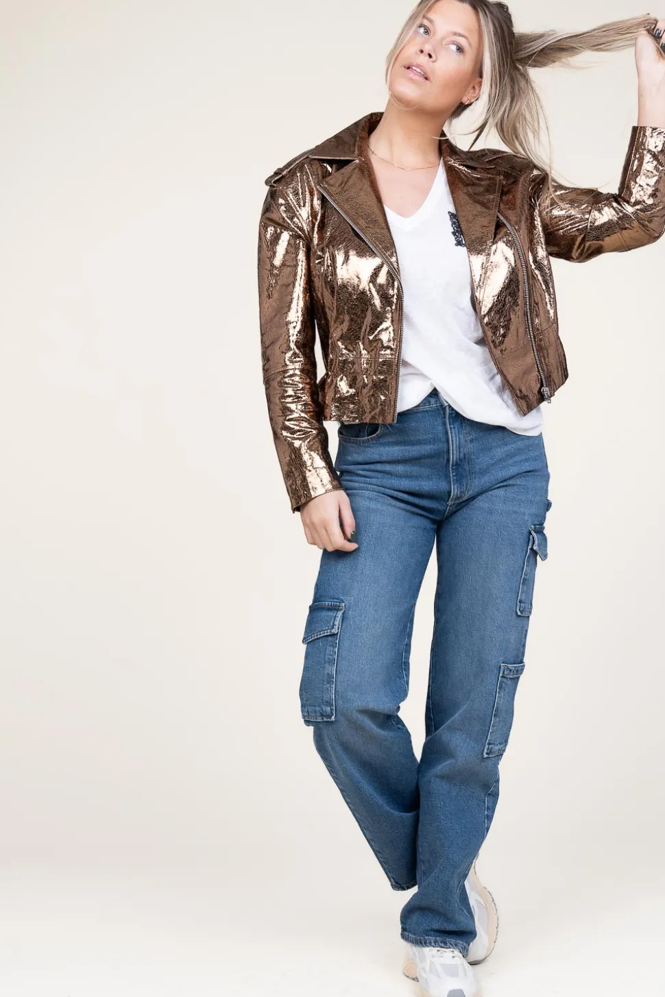 Metallic Leather Biker Jacket Kravitz | Brown... | Dante 6 | Little Soho
