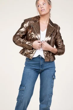 Metallic Leather Biker Jacket Kravitz | Brown... | Dante 6 | Little Soho