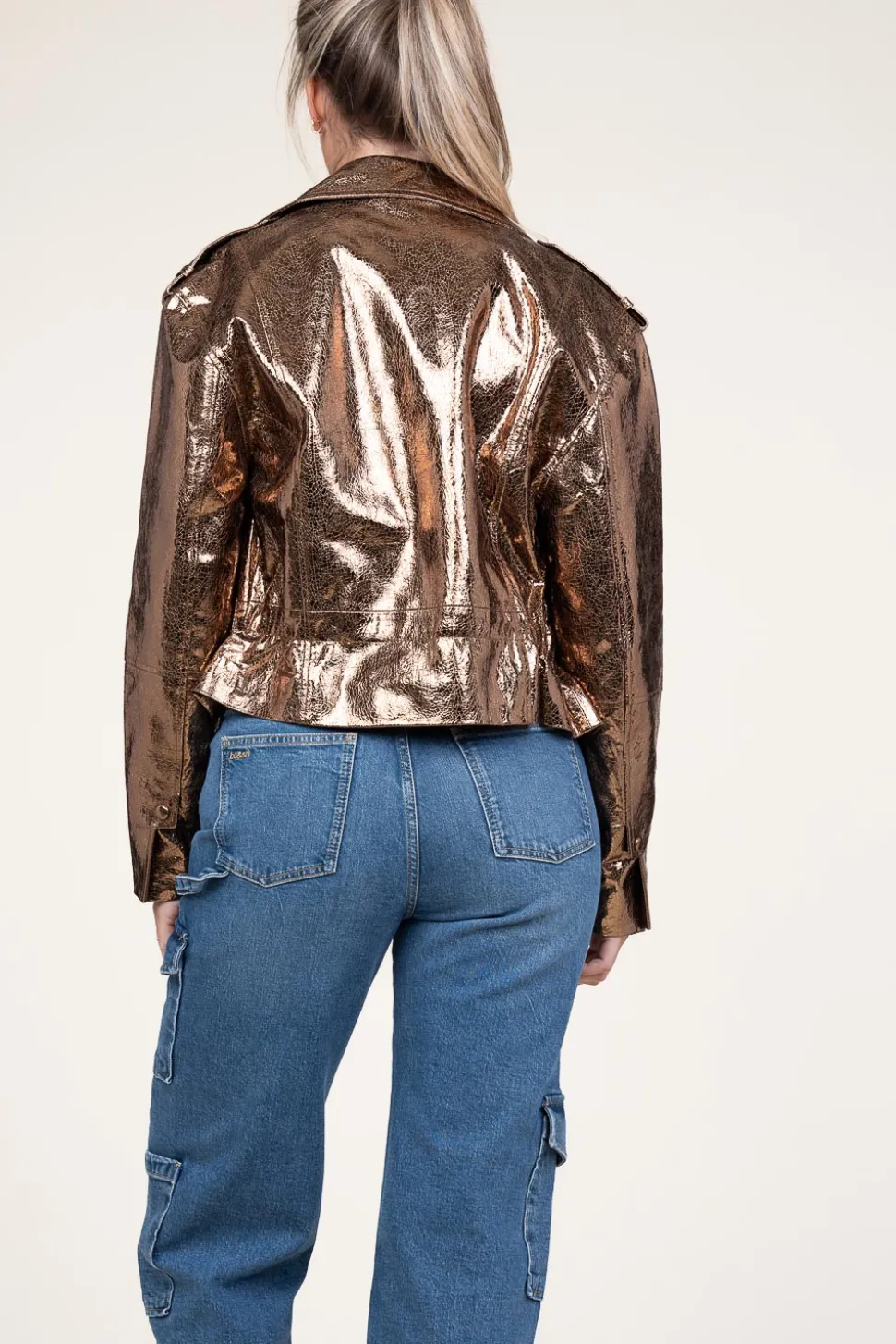 Metallic Leather Biker Jacket Kravitz | Brown... | Dante 6 | Little Soho