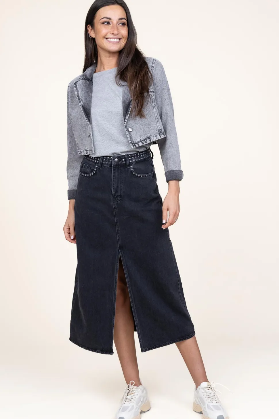 Non-Stretch Denim Skirt With Studs Vika | Black... | Co'Couture | Little Soho