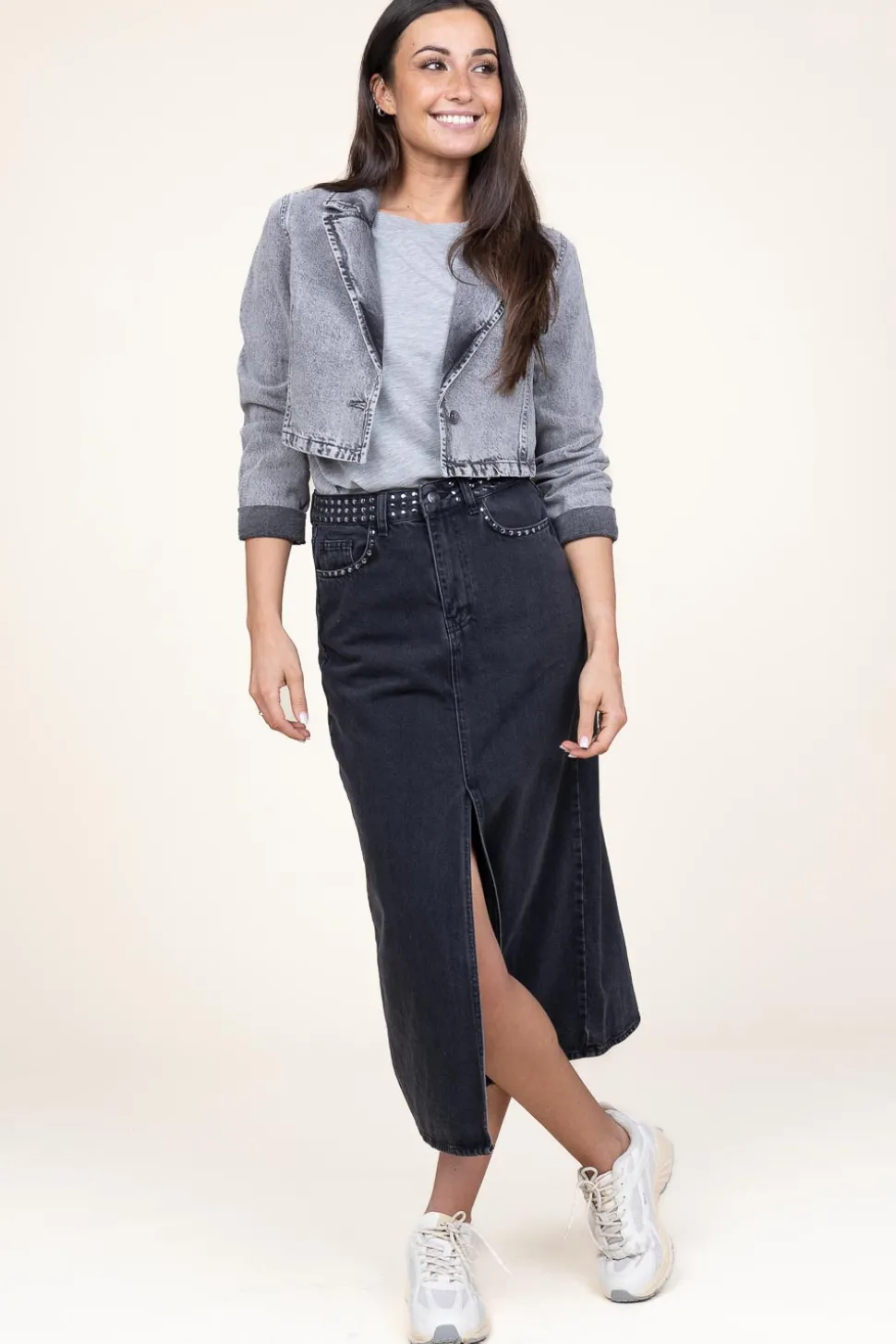 Non-Stretch Denim Skirt With Studs Vika | Black... | Co'Couture | Little Soho