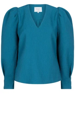 Seersucker Top With Puff Sleeves Zarga | Blue... | Dante 6 | Little Soho