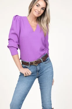 Seersucker Top With Puff Sleeves Zarga | Purple... | Dante 6 | Little Soho