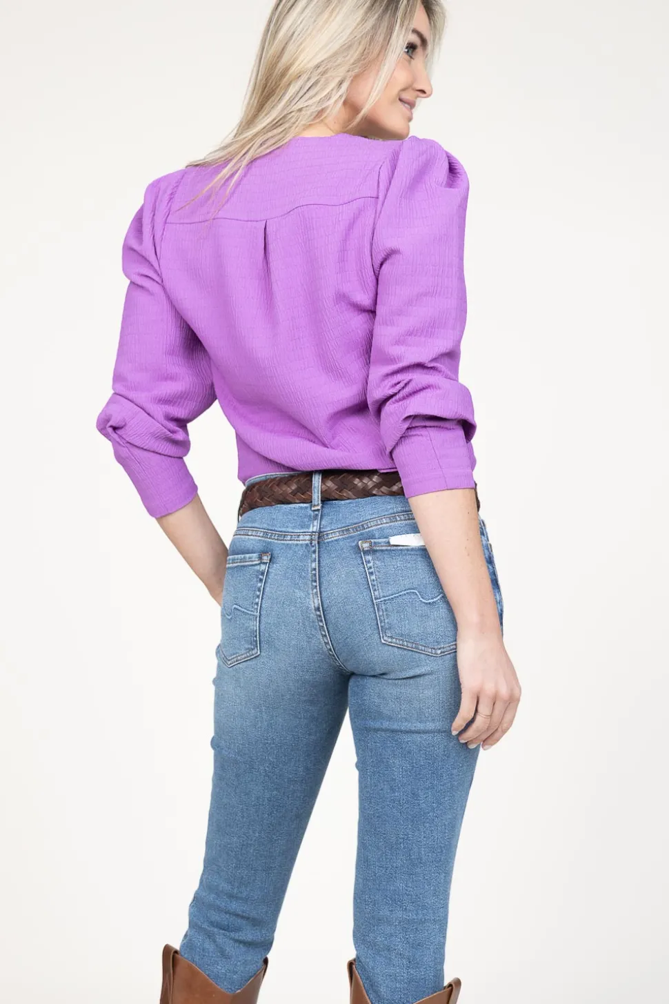 Seersucker Top With Puff Sleeves Zarga | Purple... | Dante 6 | Little Soho