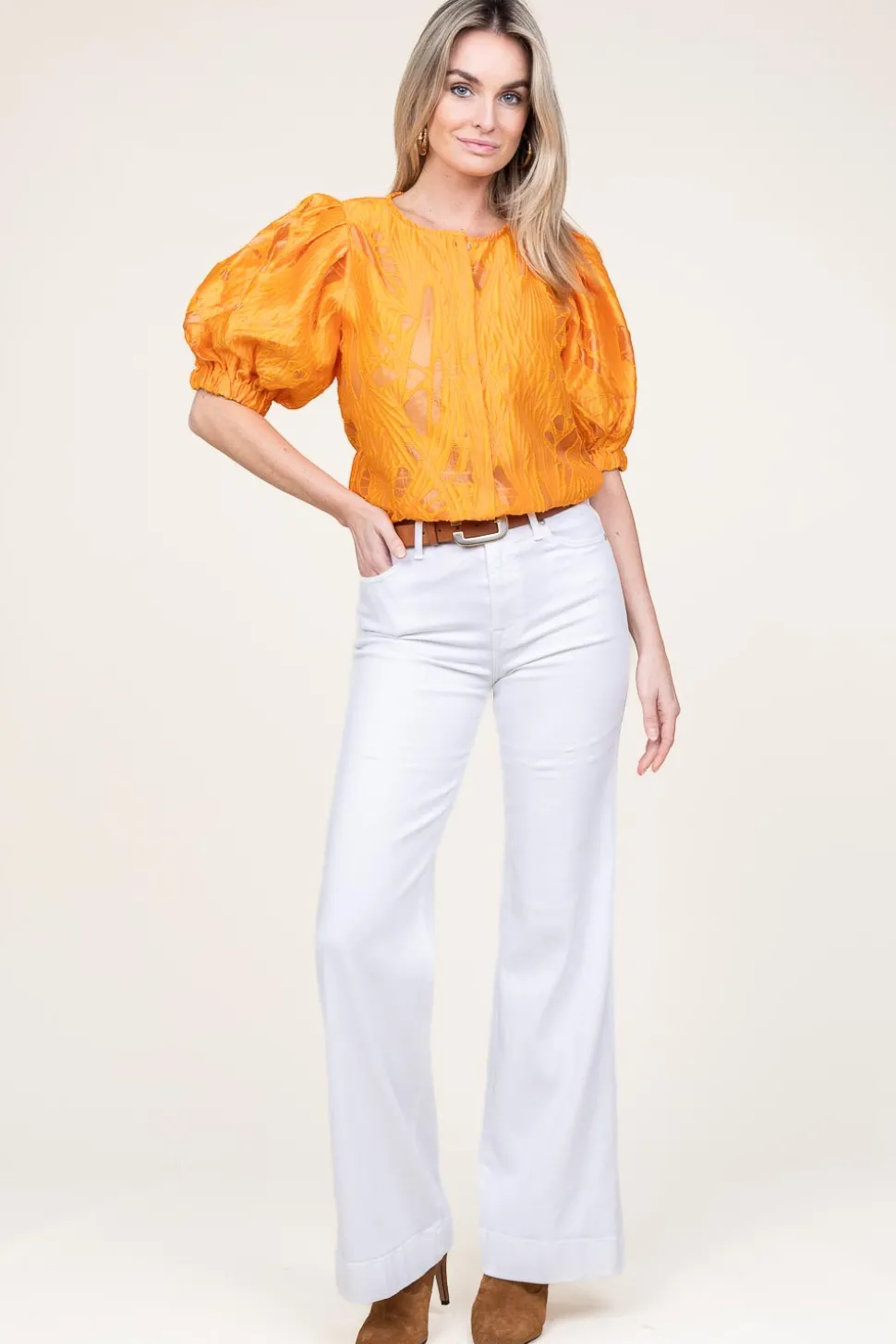 Shiny Flockprint Blouse Baloon | Orange... | Copenhagen Muse | Little Soho