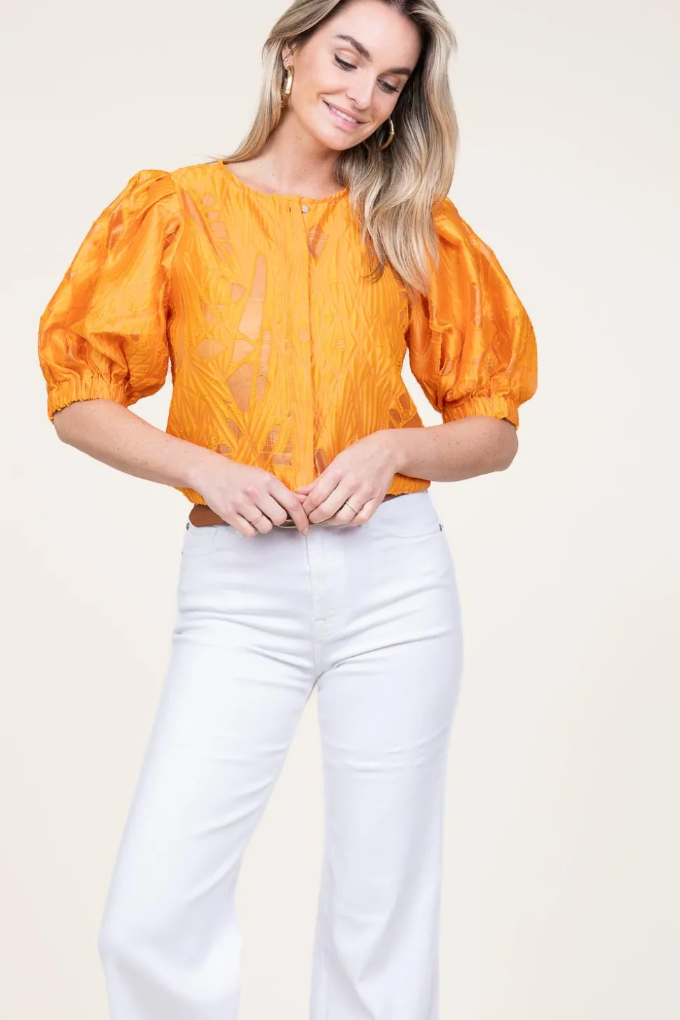 Shiny Flockprint Blouse Baloon | Orange... | Copenhagen Muse | Little Soho