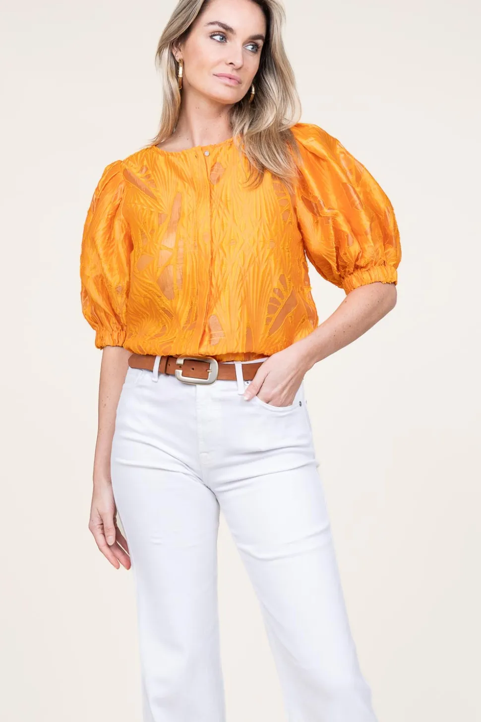 Shiny Flockprint Blouse Baloon | Orange... | Copenhagen Muse | Little Soho