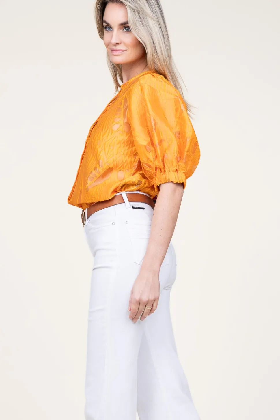 Shiny Flockprint Blouse Baloon | Orange... | Copenhagen Muse | Little Soho