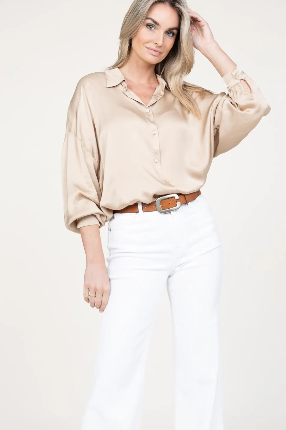 Shiny Viscose Blouse Geo | Beige... | Kocca | Little Soho