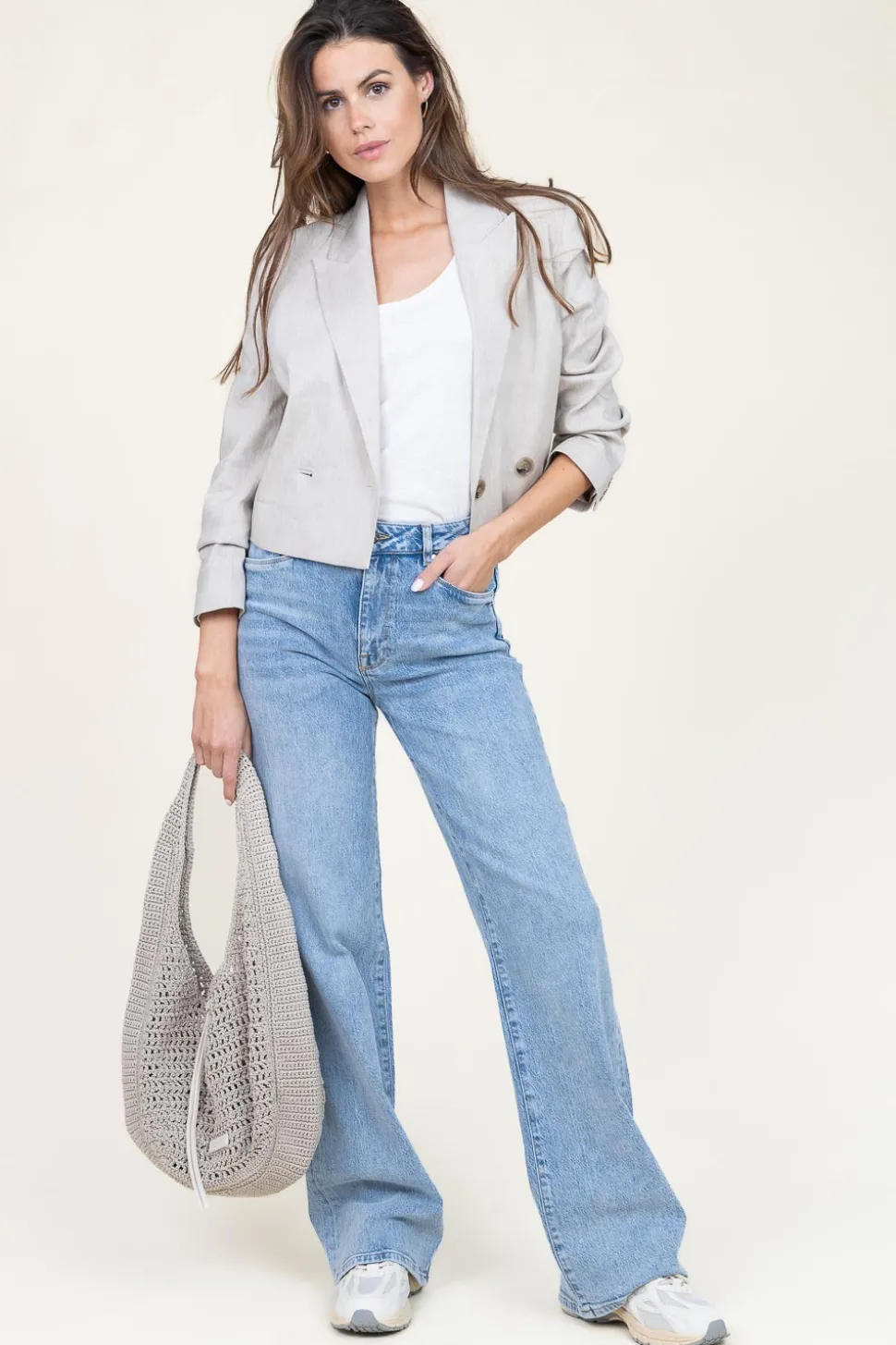 Stretch Cropped Linen Mix Blazer Acedia | Beige... | Dante 6 | Little Soho