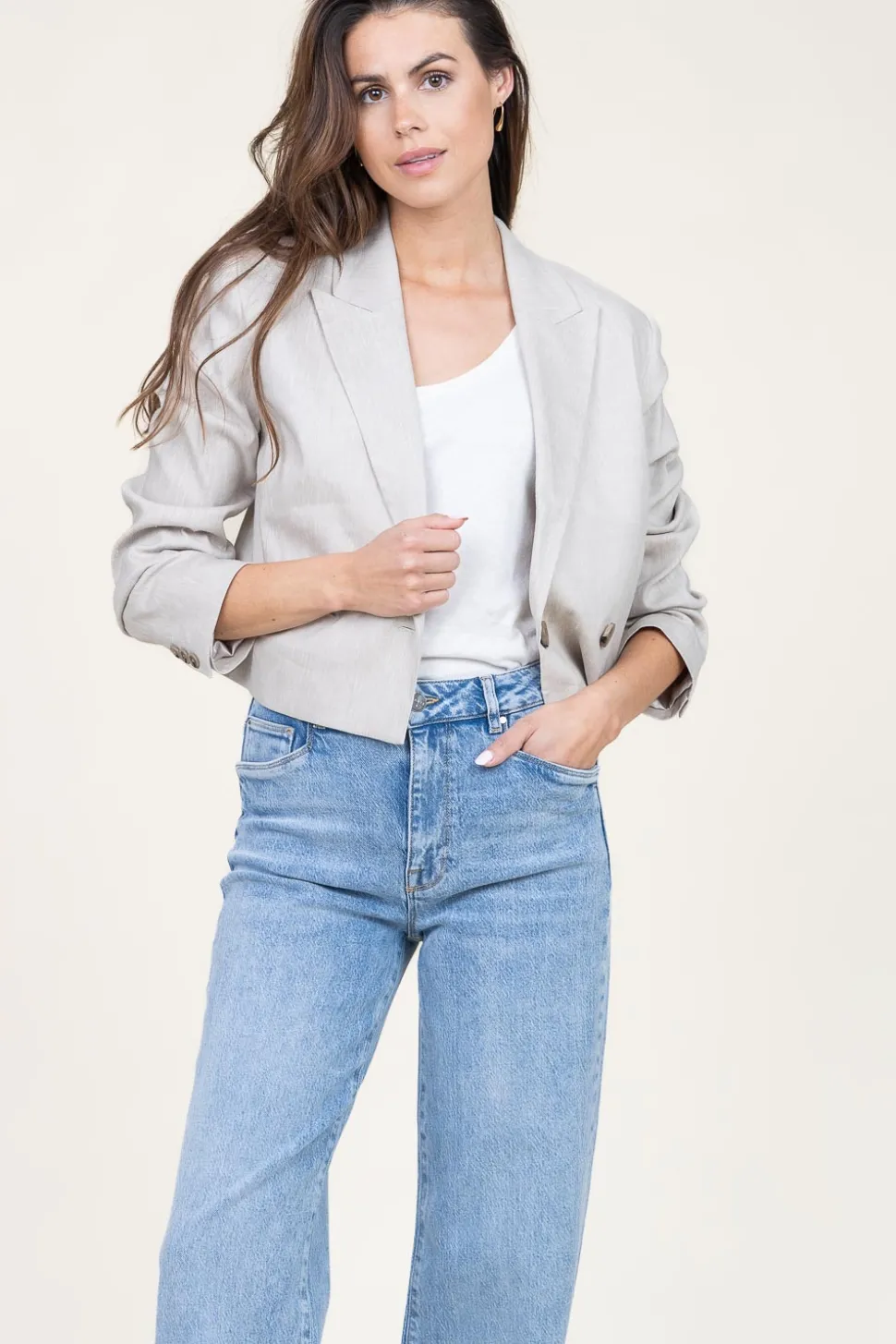 Stretch Cropped Linen Mix Blazer Acedia | Beige... | Dante 6 | Little Soho