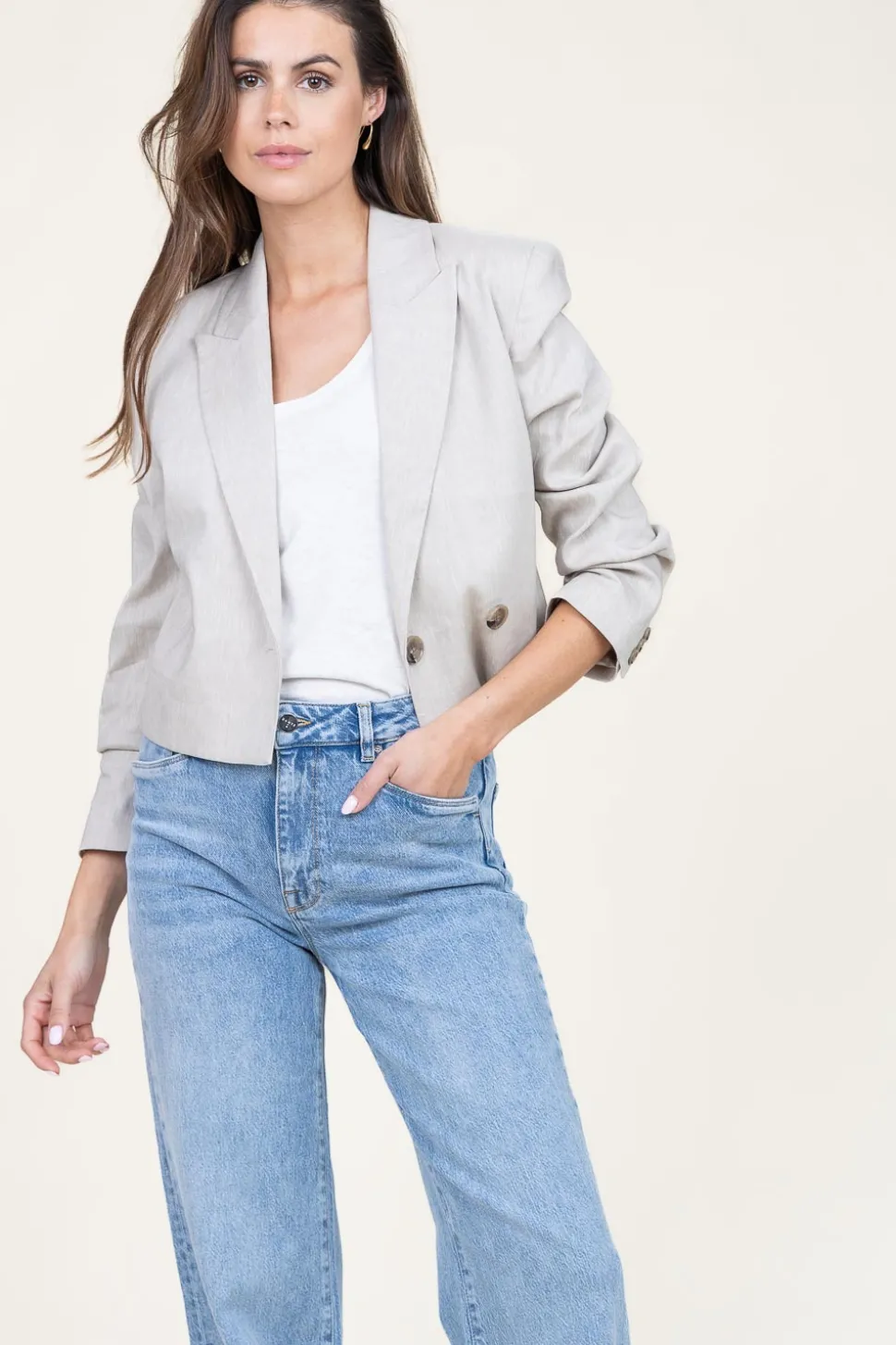 Stretch Cropped Linen Mix Blazer Acedia | Beige... | Dante 6 | Little Soho