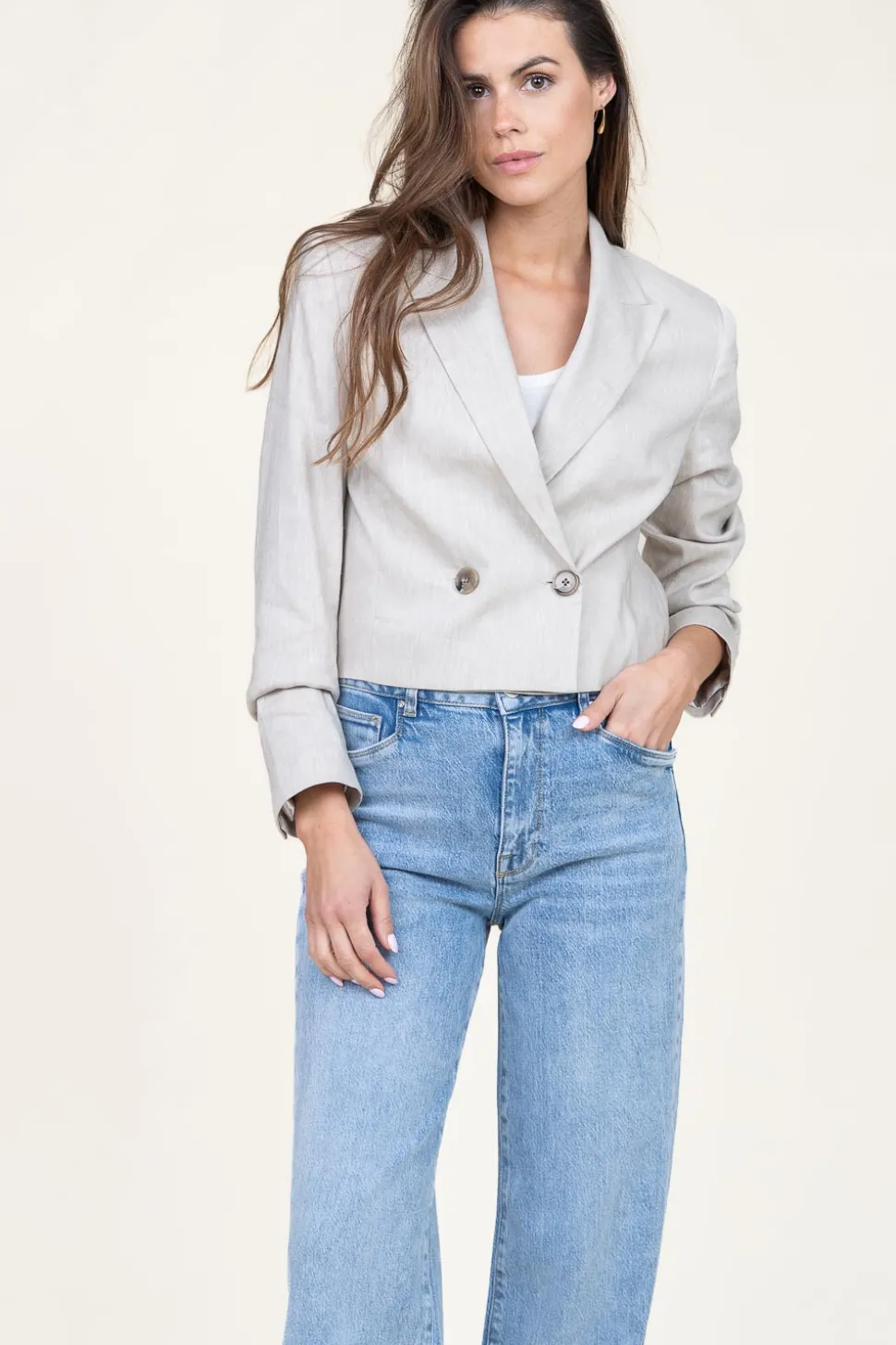 Stretch Cropped Linen Mix Blazer Acedia | Beige... | Dante 6 | Little Soho