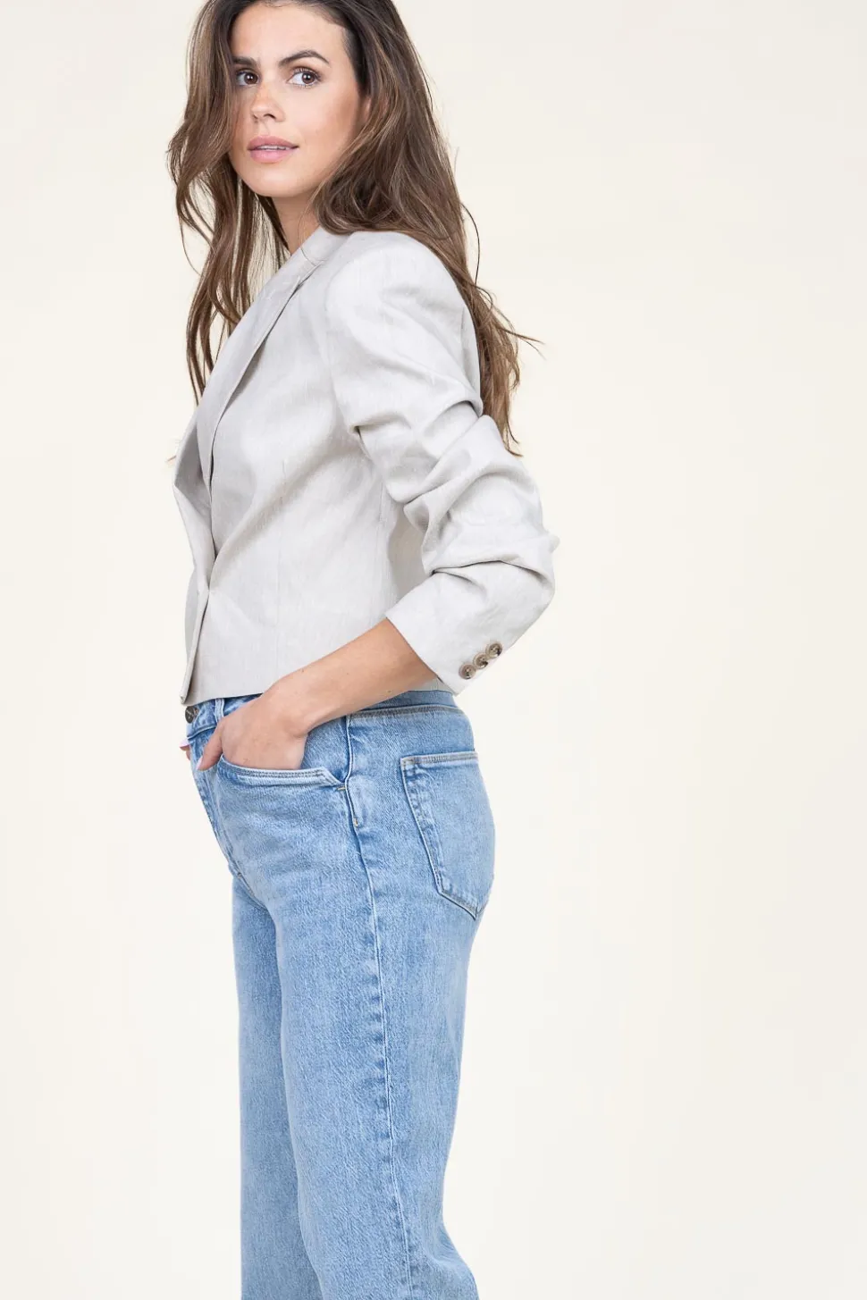 Stretch Cropped Linen Mix Blazer Acedia | Beige... | Dante 6 | Little Soho