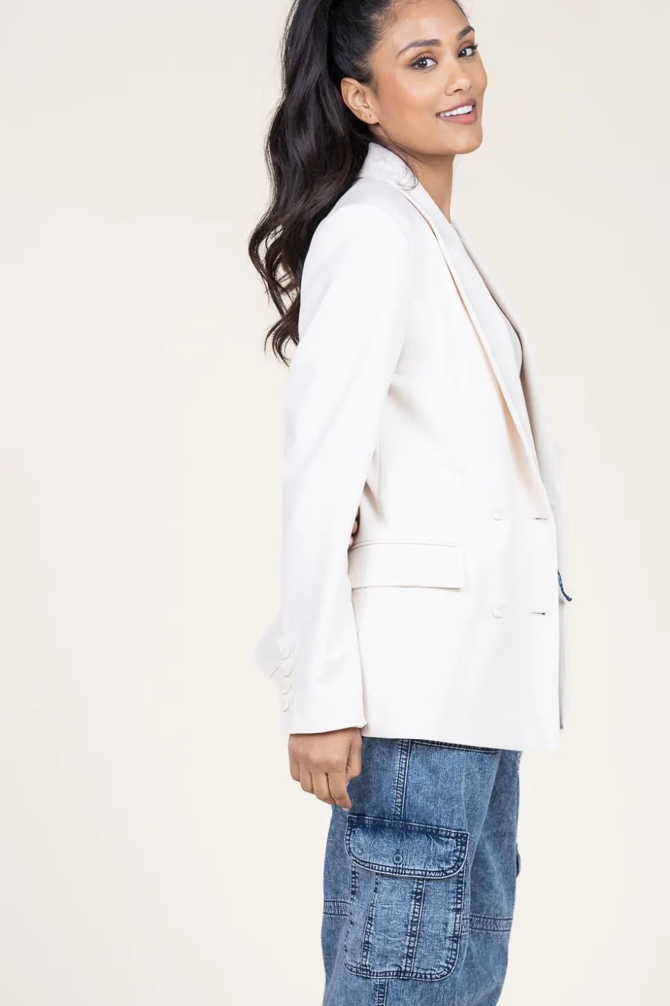 Stretch Double Breasted Blazer Odille | Natural... | Dante 6 | Little Soho