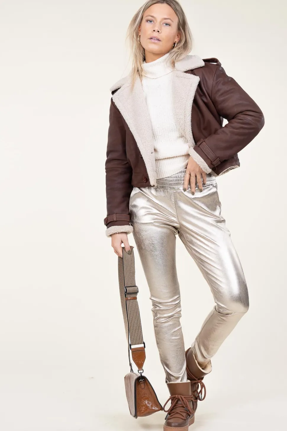 Stretch Leather Metallic Pants Colette | Light Gold... | Ibana | Little Soho