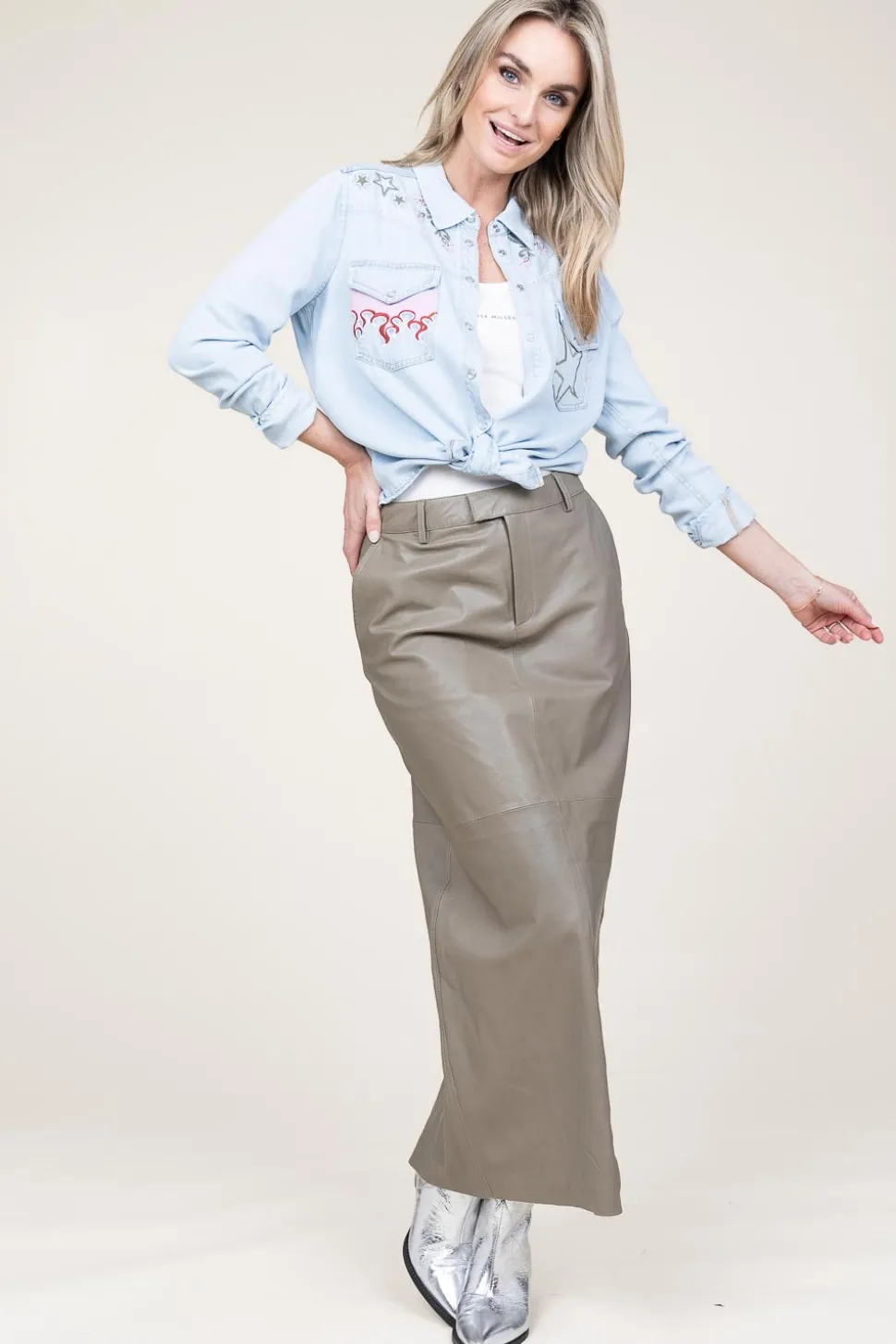 Stretch Leather Pencil Skirt Lori | Green... | Alter Ego | Little Soho