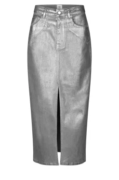 Stretch Metallic Denim Skirt Aspect | Silver... | Second Female | Little Soho