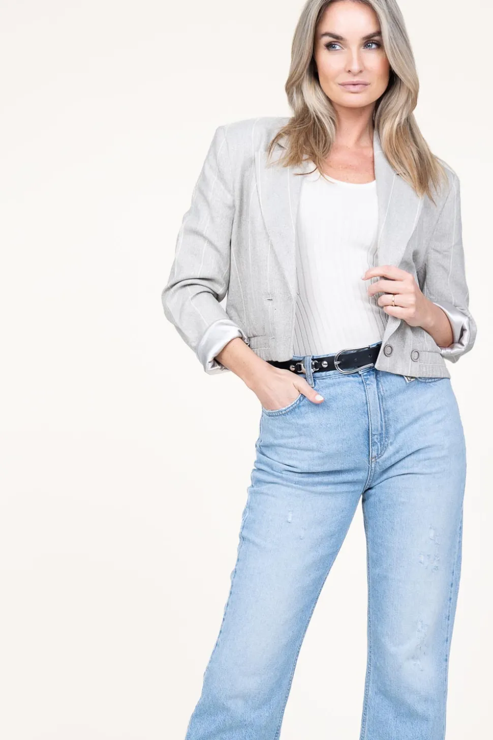 Striped Cropped Blazer Mille | Grey... | Aaiko | Little Soho