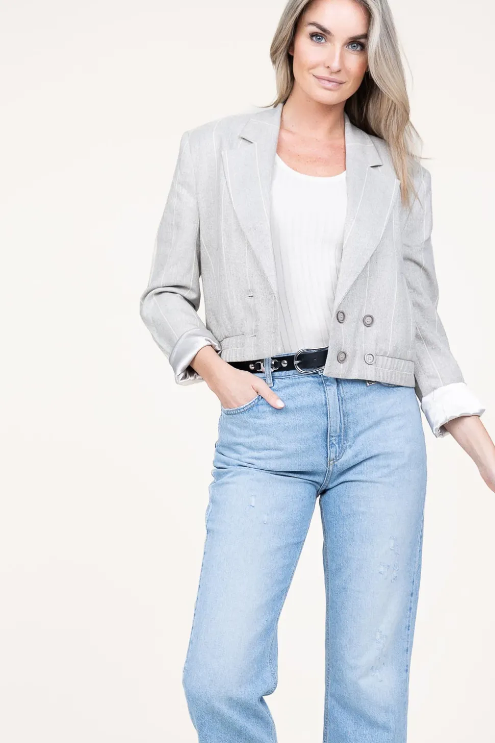 Striped Cropped Blazer Mille | Grey... | Aaiko | Little Soho