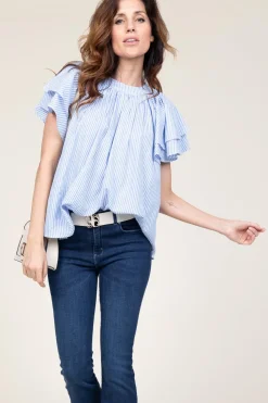 Striped Top With Ruffle Sleeves Truff | Blue... | Ibana | Little Soho
