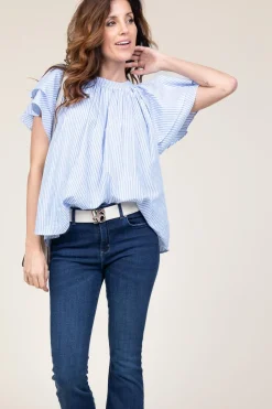 Striped Top With Ruffle Sleeves Truff | Blue... | Ibana | Little Soho