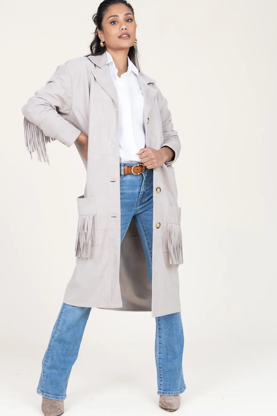 Suede Coat With Frills Linda | Beige... | Alter Ego | Little Soho