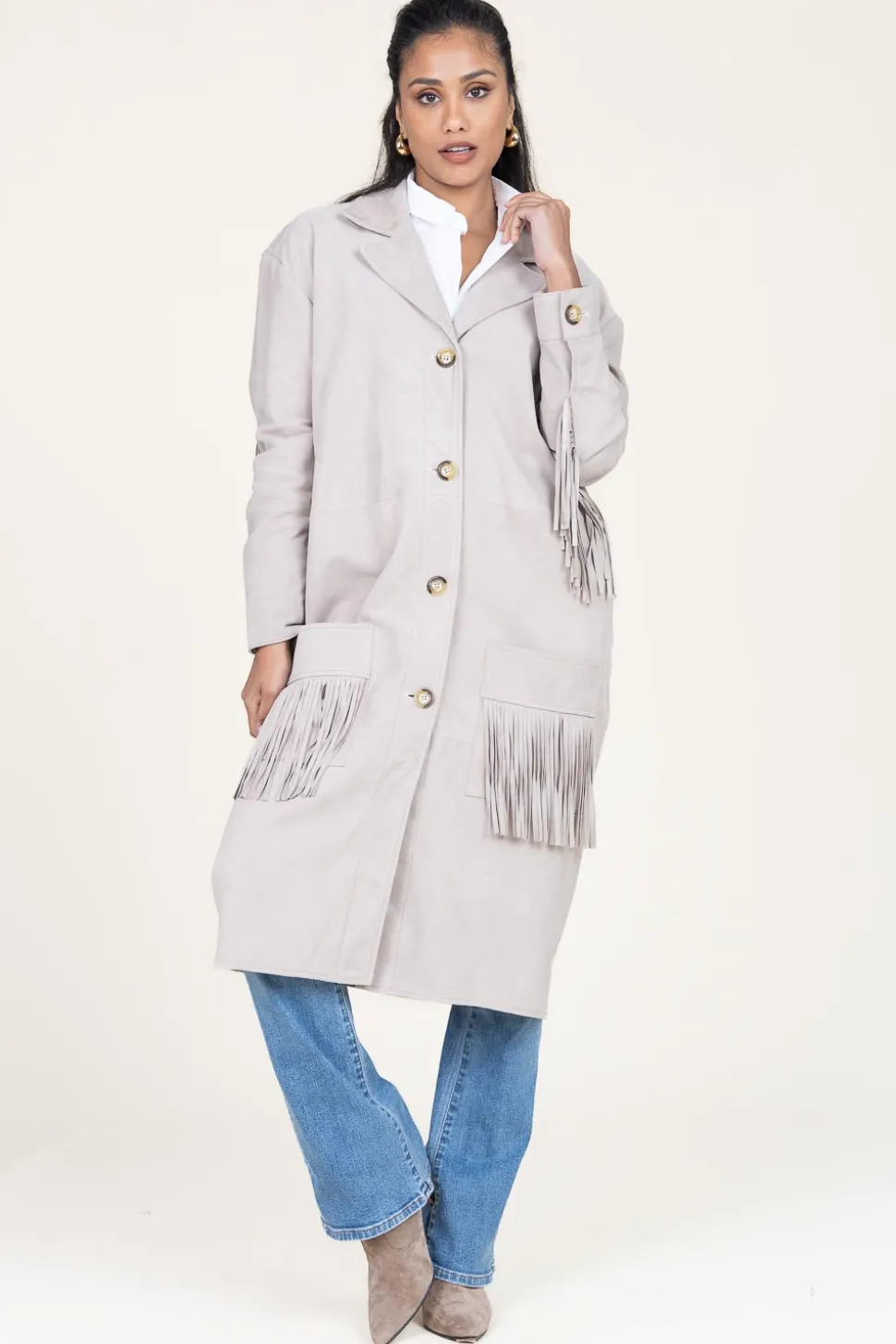 Suede Coat With Frills Linda | Beige... | Alter Ego | Little Soho