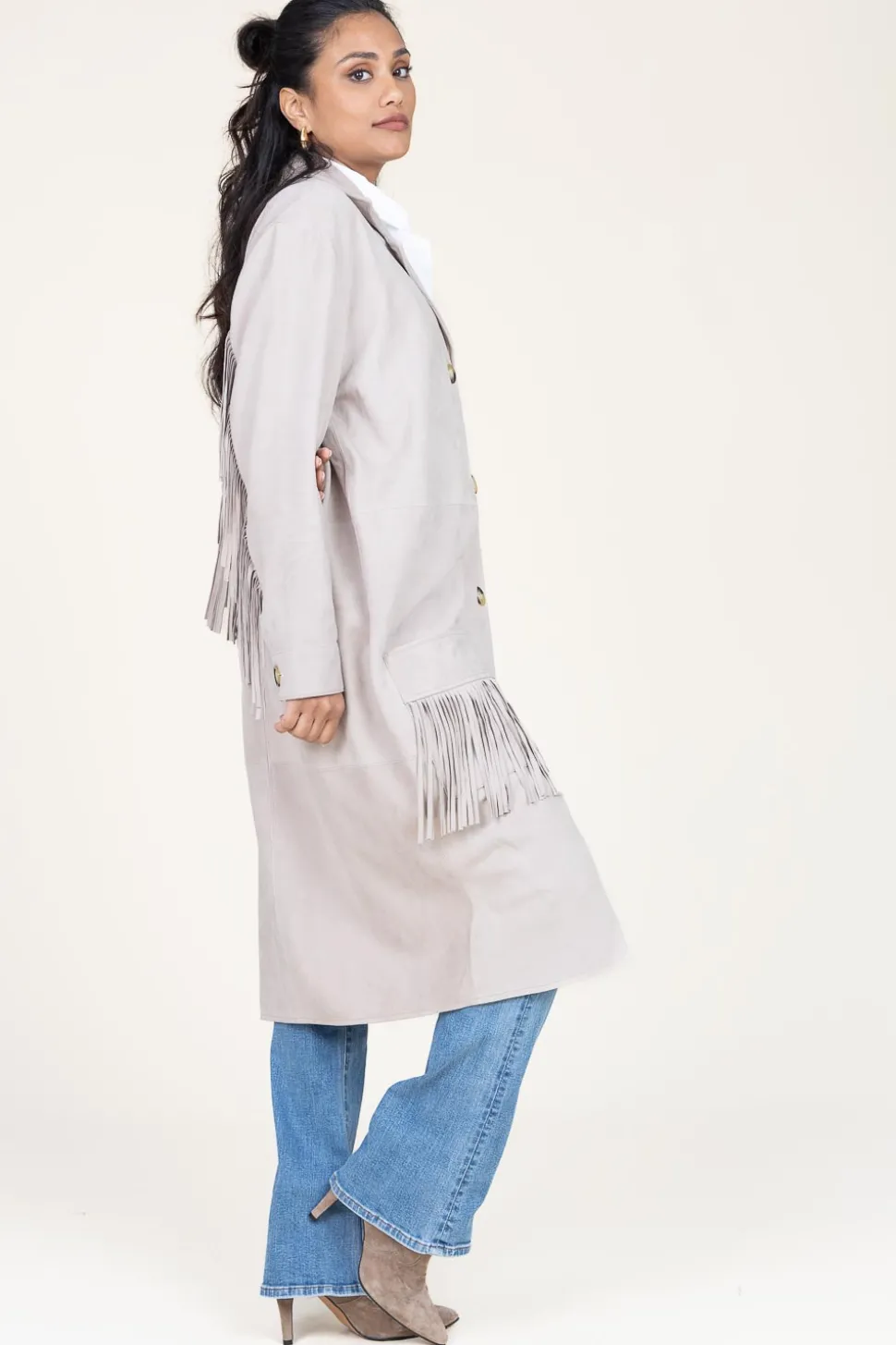 Suede Coat With Frills Linda | Beige... | Alter Ego | Little Soho