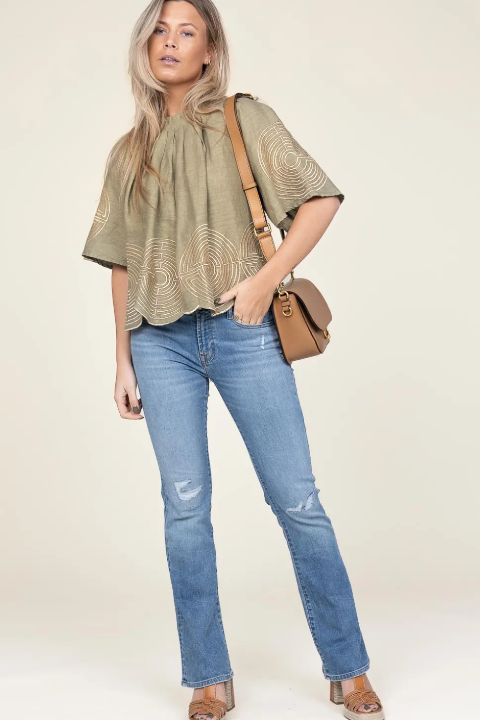 Top With Labyrinth Embroidery Kaat | Green... | Greek Archaic Kori | Little Soho