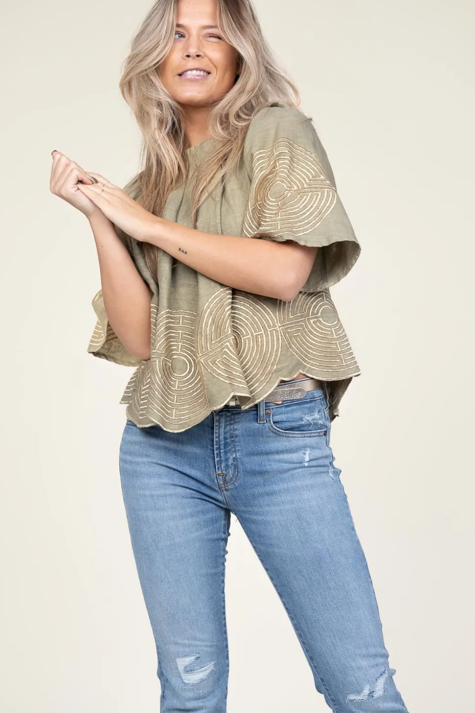 Top With Labyrinth Embroidery Kaat | Green... | Greek Archaic Kori | Little Soho